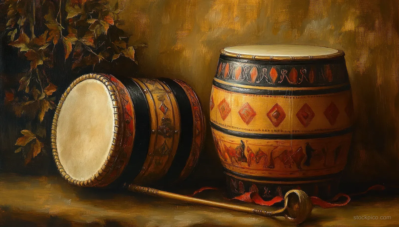 Two ornate hand drums rest beside dried leaves in a warm, textured still life painting.