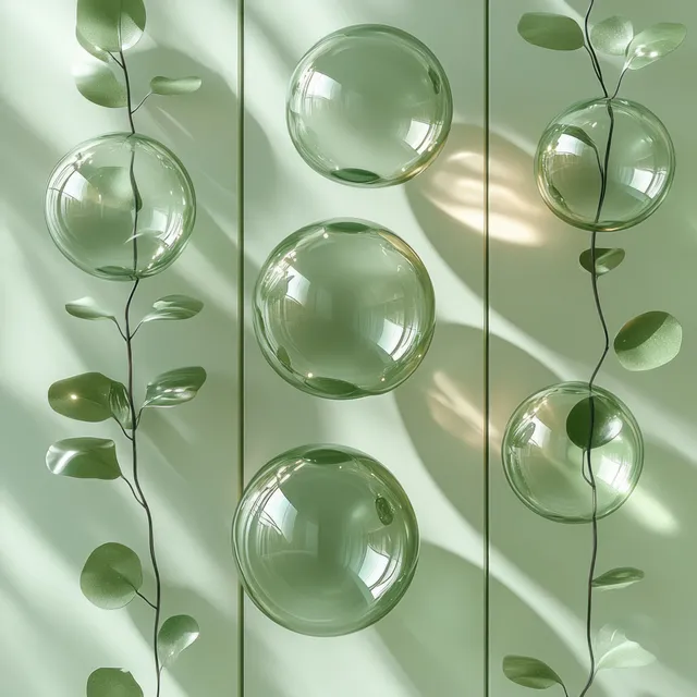Green glass bubbles float in a white minimal space with soft plant leaves