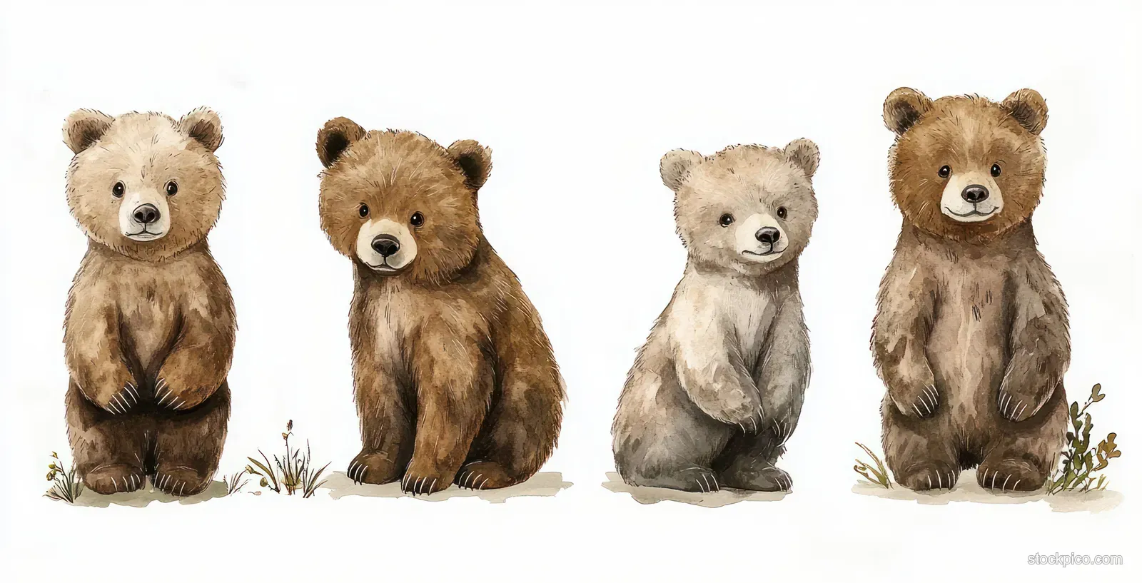 Four baby grizzly bears sit on grass in a bright woodland clearing in a watercolor illustration.