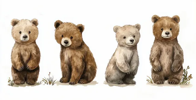 Four baby grizzly bears sit on grass in a bright woodland clearing in a watercolor illustration.
