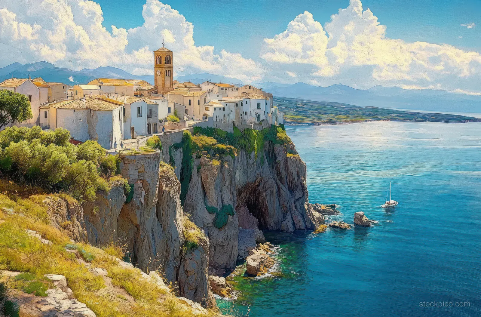 White houses and a church tower sit on cliff edges above calm blue sea with a small sailboat.