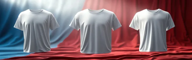 Three plain white t-shirts displayed on draped blue, white, and red fabric with visible fabric folds.