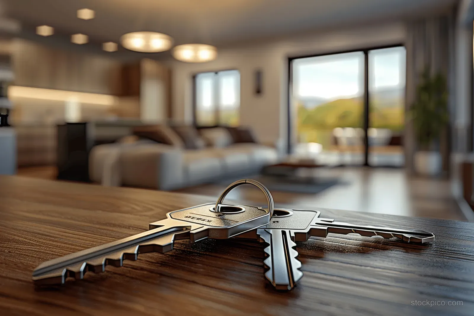Close-up of house keys on a wooden counter inside a bright apartment living room near large windows.
