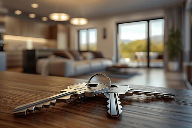 Close-up of house keys on a wooden counter inside a bright apartment living room near large windows.