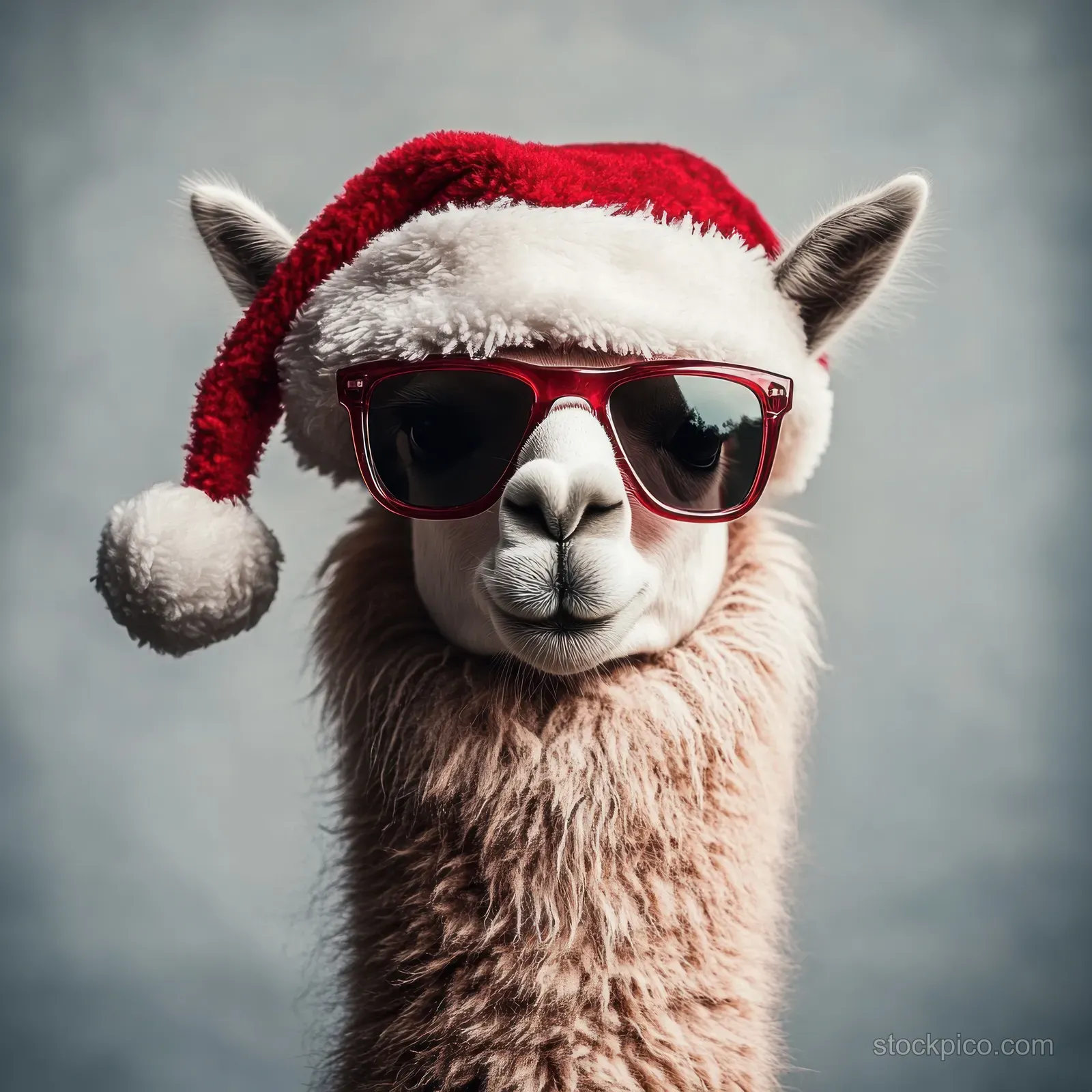 Close-up llama wearing a red and white Santa hat and red sunglasses against a neutral gray background.