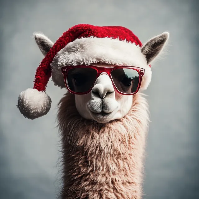 Close-up llama wearing a red and white Santa hat and red sunglasses against a neutral gray background.