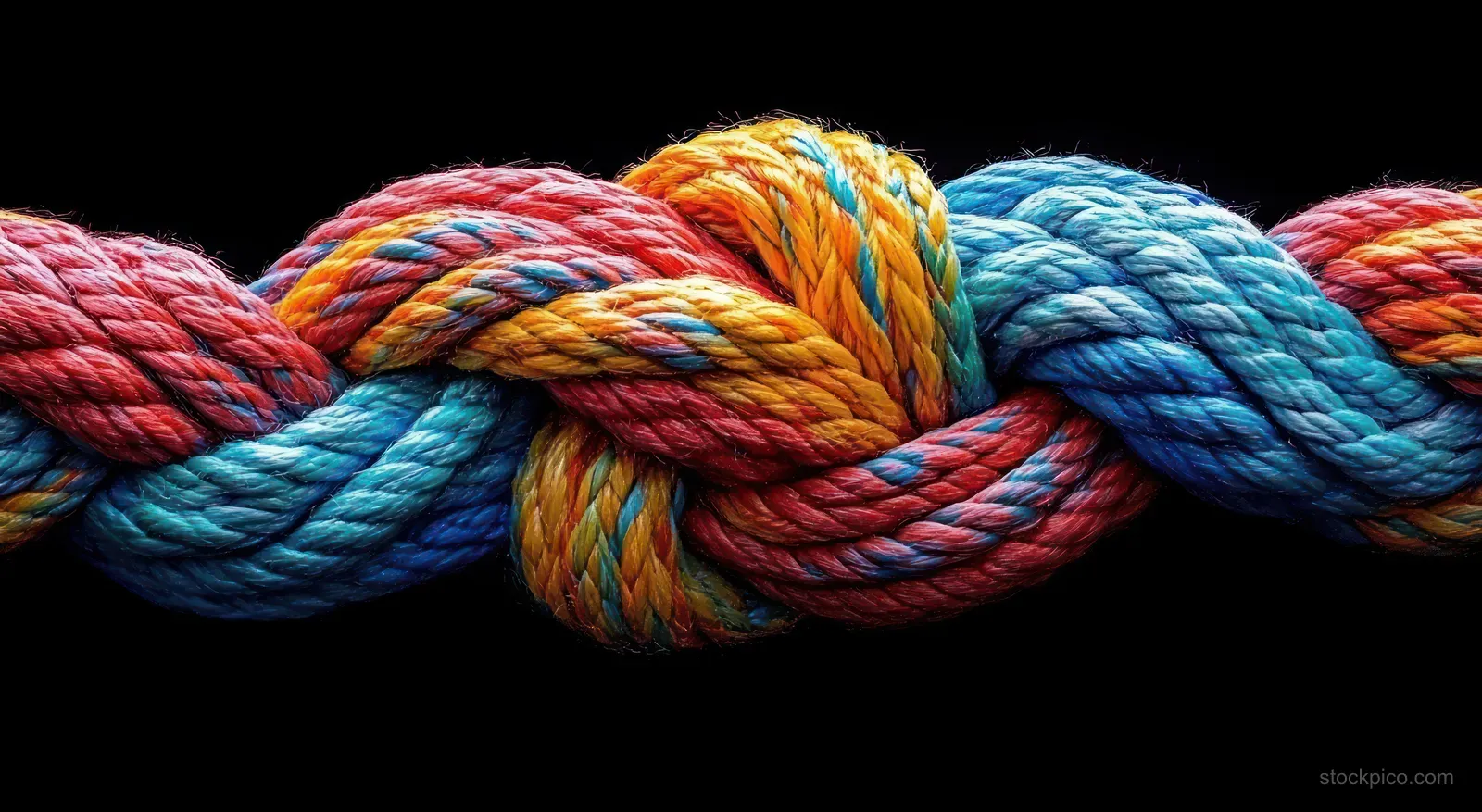 Close-up of a colorful knotted rope with twisted fibers against a black background.