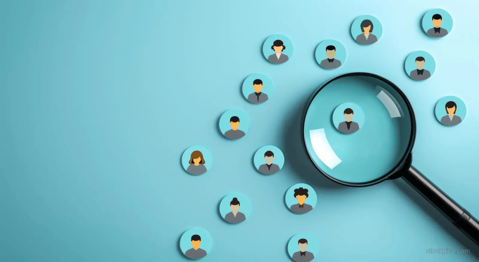 Magnifying glass enlarges selected employee avatar icons on a teal HR recruitment network.