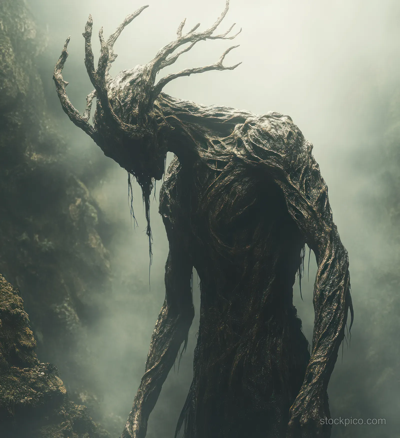 Wendigo humanoid creature with antlers emerges from misty darkness under eerie gothic lighting.