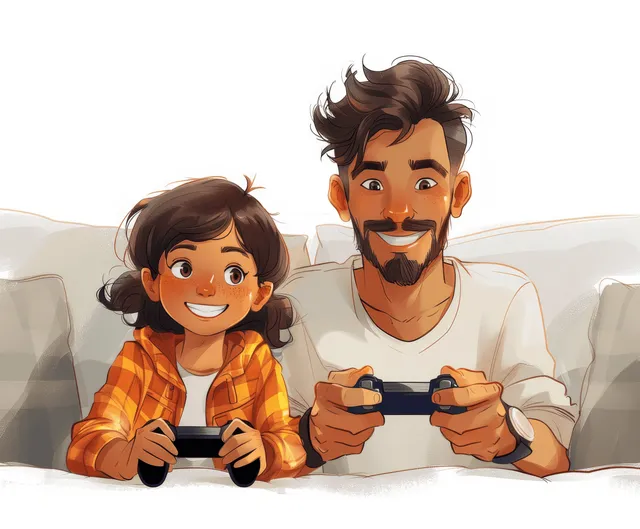 3D cartoon father and son playing video games on couch with handheld controllers