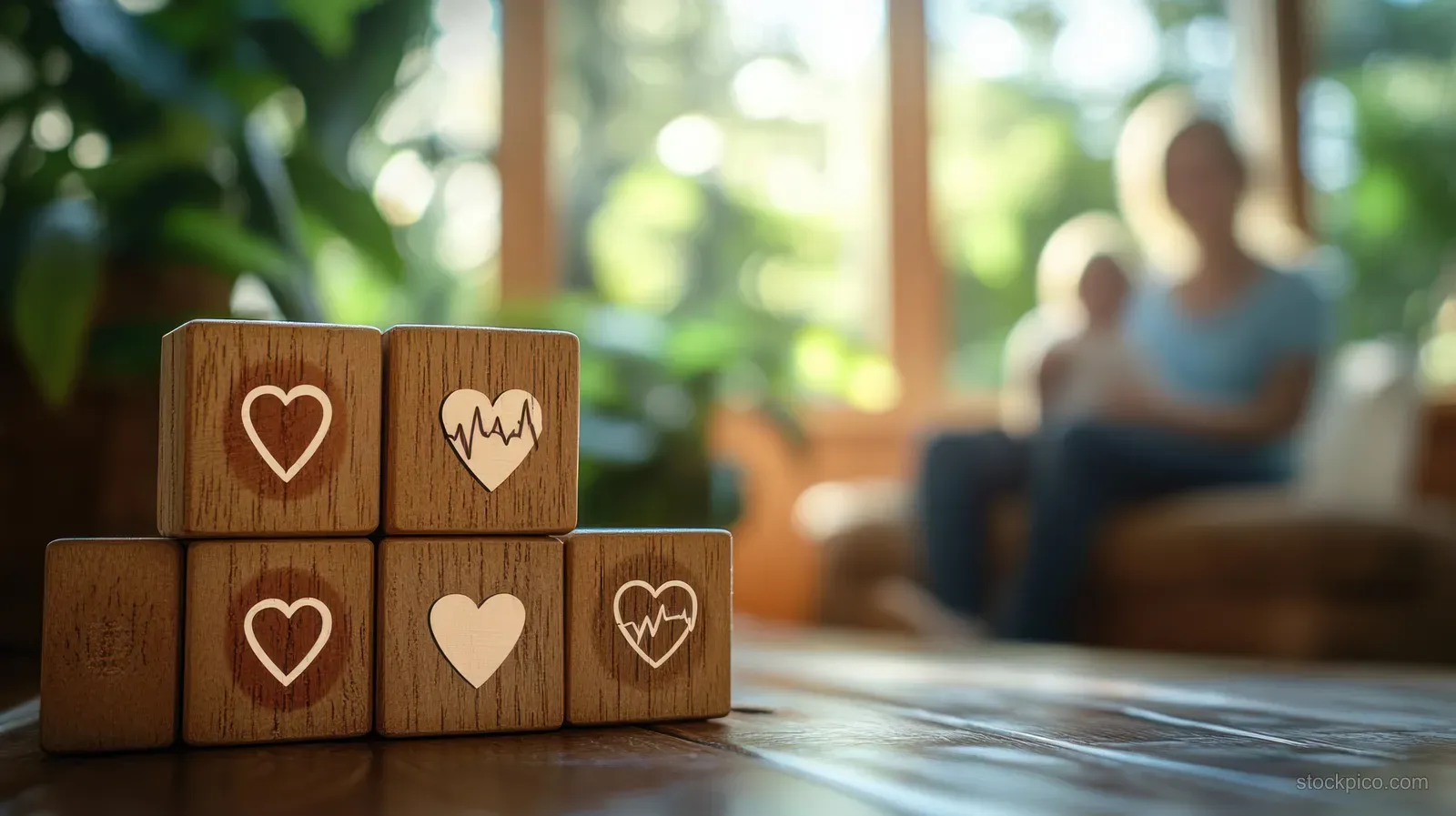 Wooden blocks with heart icons on a table, with blurred elderly care in a bright room behind.