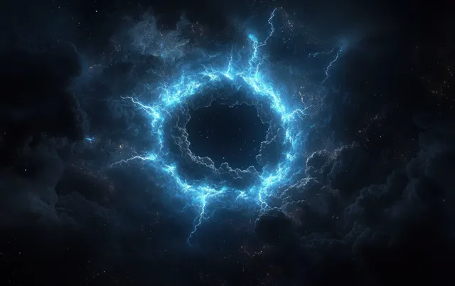A glowing blue lightning ring twists into a cosmic vortex within a dark space void.