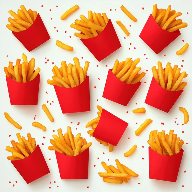 Crispy golden french fries in red boxes scattered on a white surface.