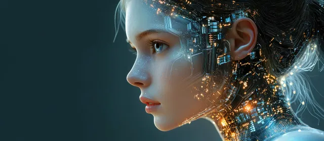 Profile portrait of a humanoid cyborg face with glowing circuitry and digital interface elements in blue tones.
