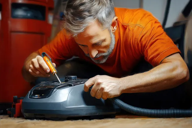 An older man in an orange shirt uses a screwdriver to repair a vacuum cleaner indoors beside the hose.