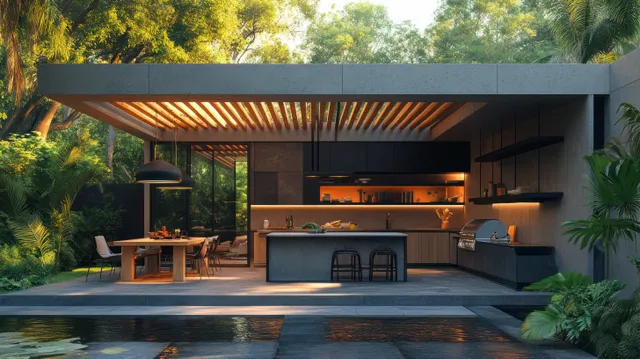Modern outdoor kitchen and charcoal grill under a pergola beside a reflective swimming pool and lush plants.