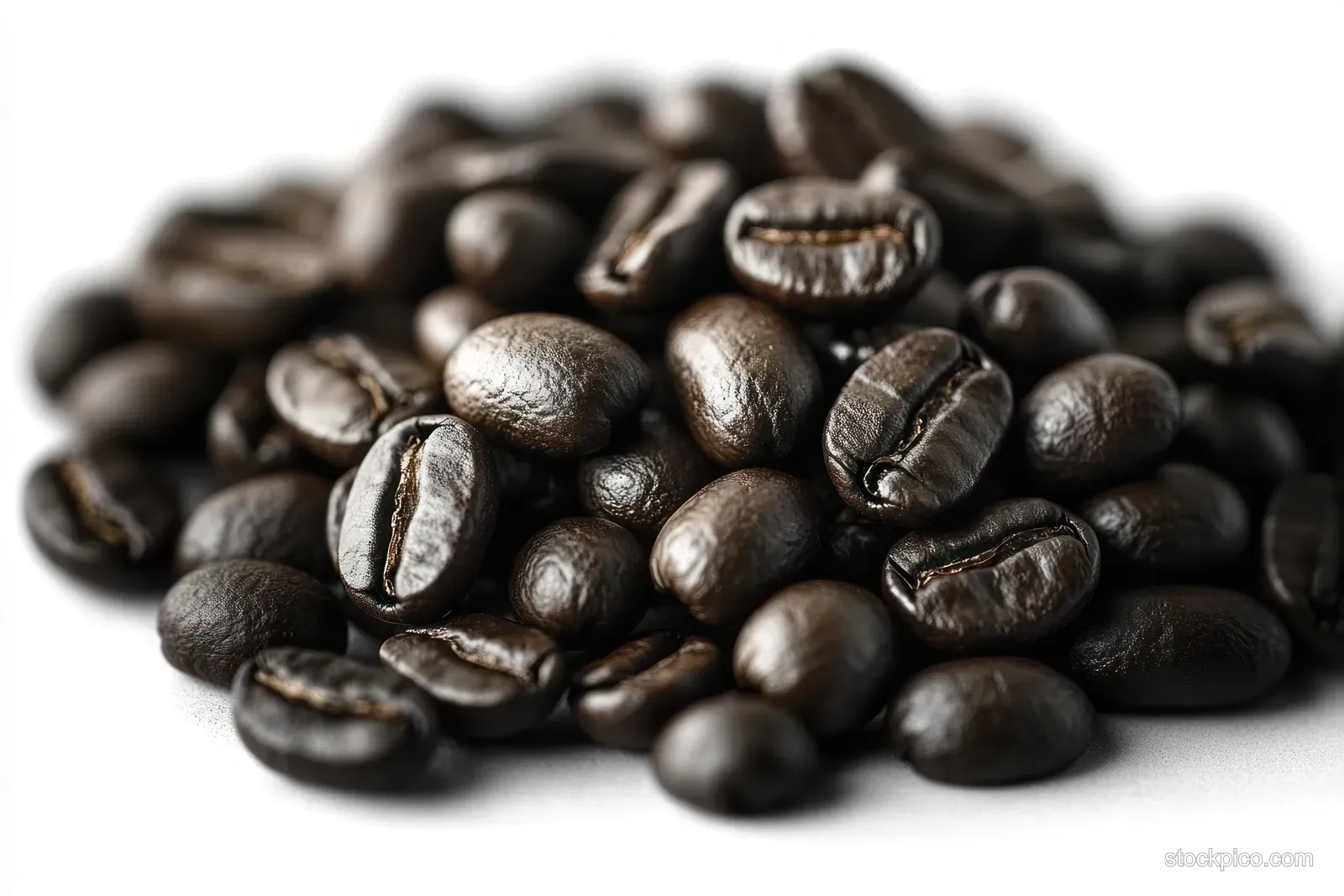 Shiny dark roasted coffee beans piled on a clean white background in a close-up view.
