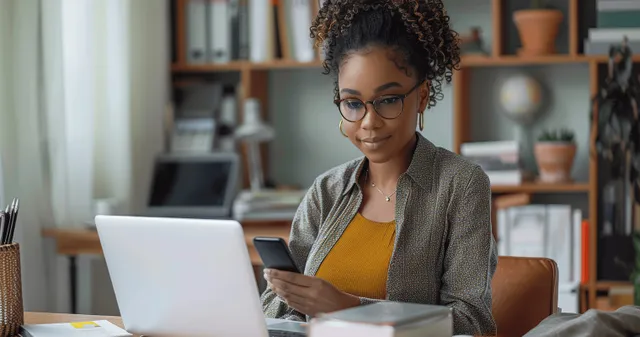 Black businesswoman reviewing finance documents at a desk while using a laptop and calculator in a home office.