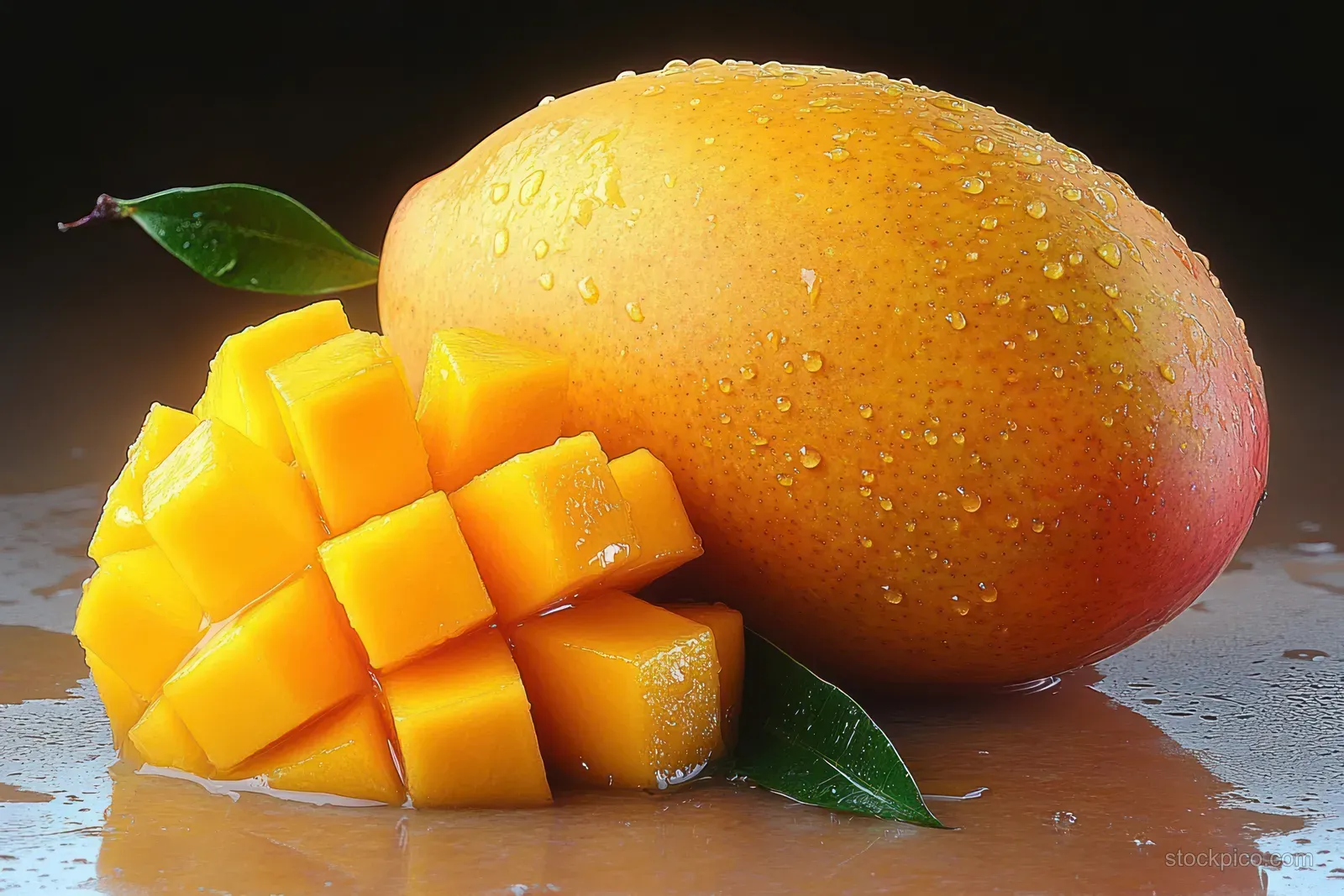 Whole ripe mango with water droplets beside neatly cut mango cubes and green leaves on a smooth slate surface.