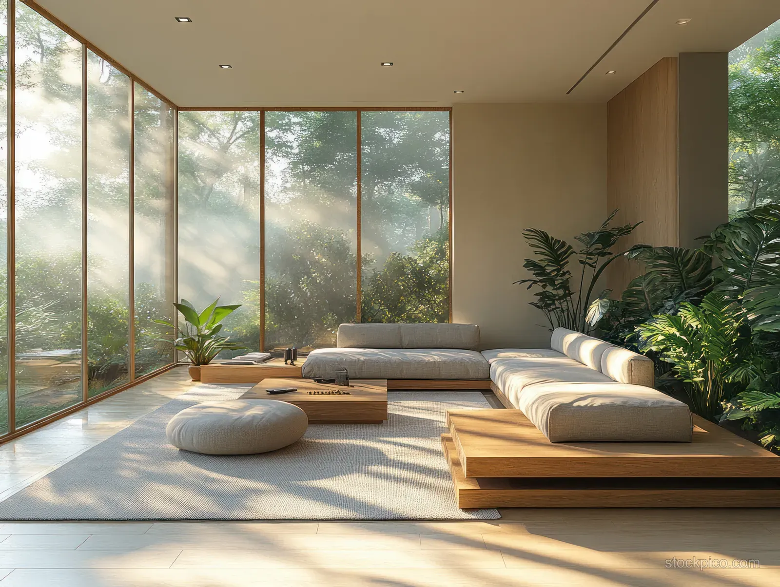 Sunlit minimalist living room with large glass windows, light couches on wooden platforms, and green plants.