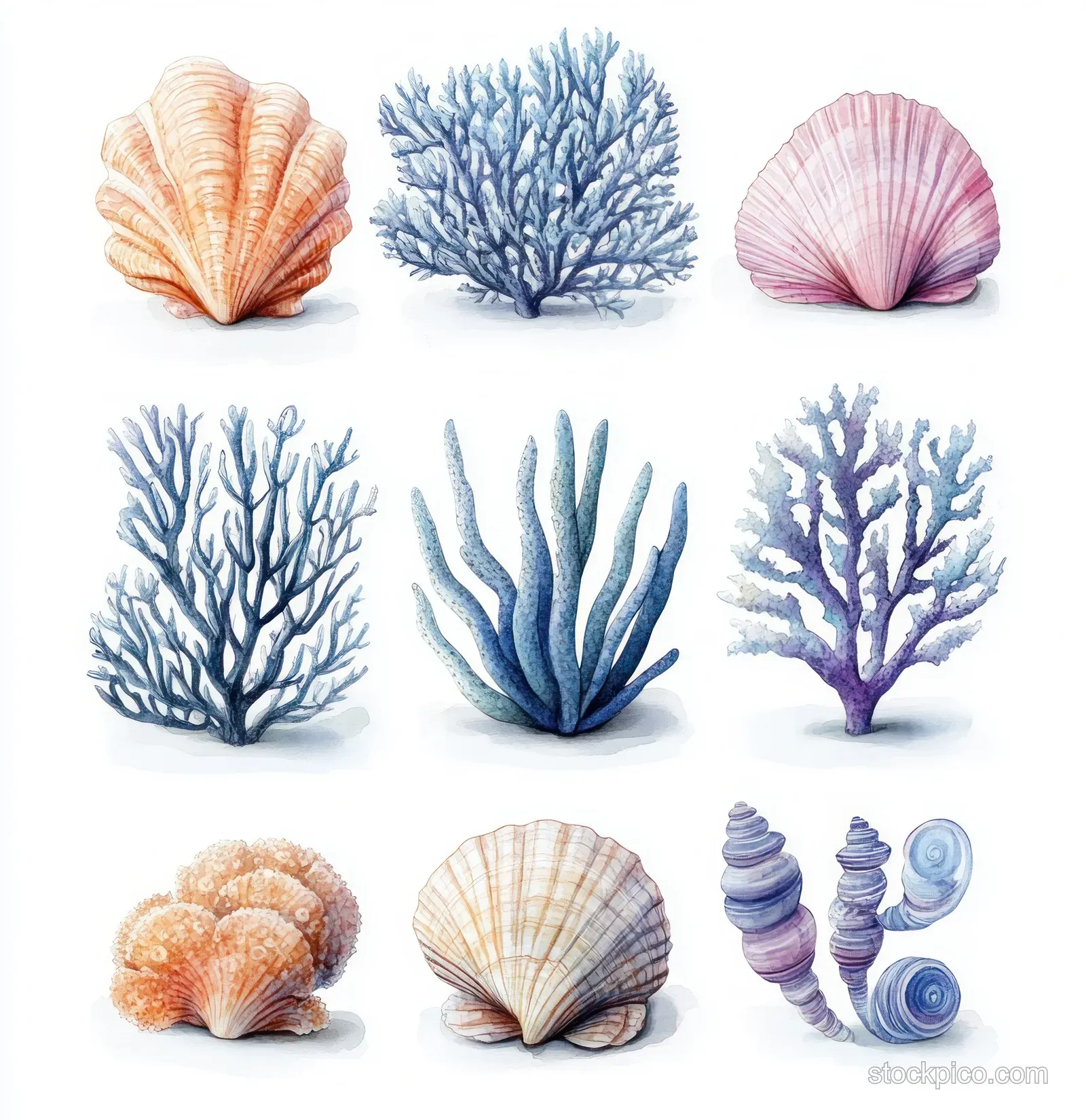 Watercolor sea shells and coral branches are arranged in rows on a clean white background.