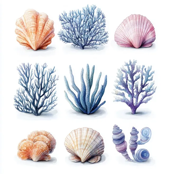 Watercolor sea shell and coral icons arranged on a white ocean background