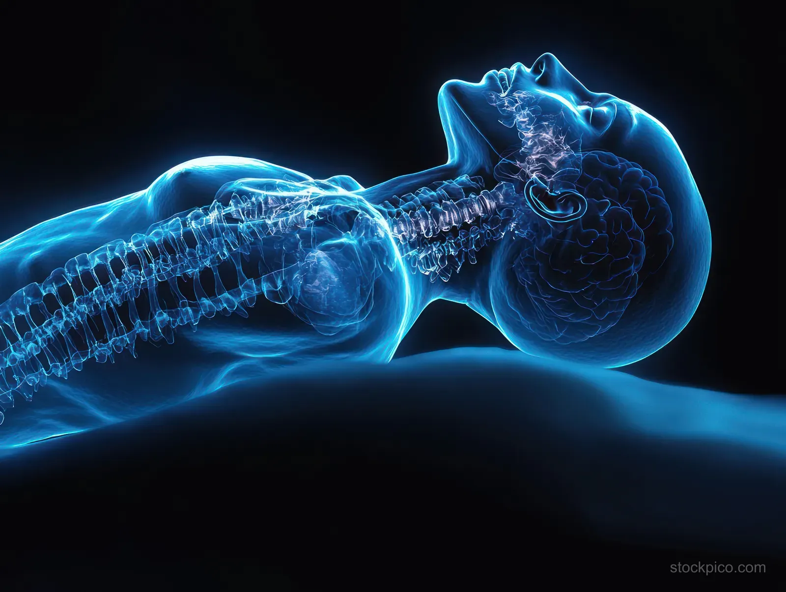 Reclining human side-view anatomy illustration with glowing blue brain and spinal structure suspended in darkness.