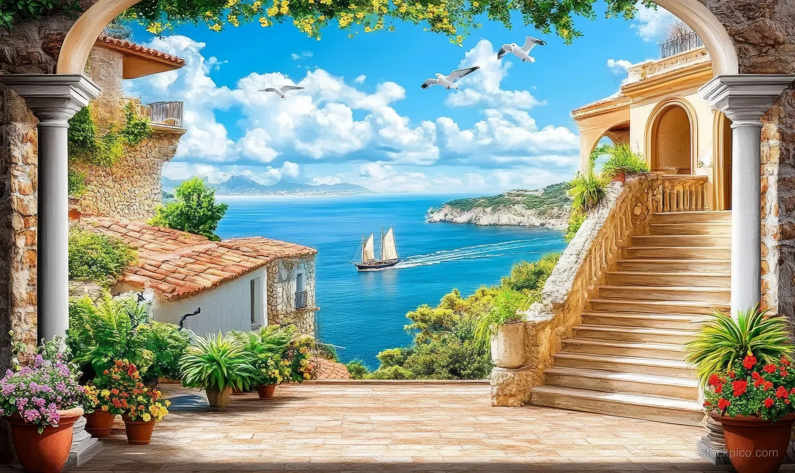 Stone staircase and arches open to a sunny coastal village with blue sea, sailboats, and seagulls.