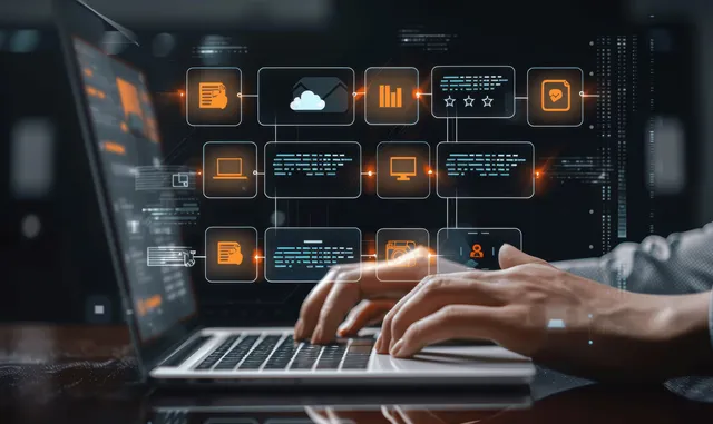 Person typing on a laptop with floating cloud storage and document management icons on a dark dashboard.