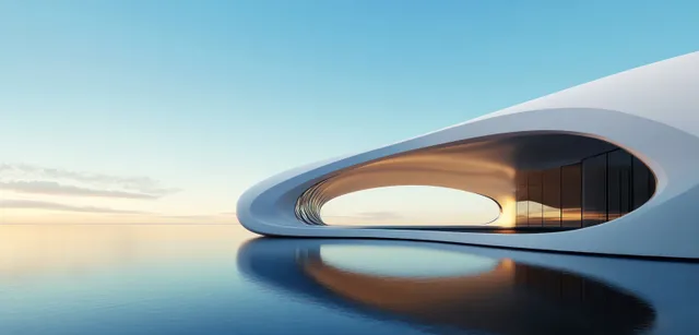 Futuristic minimalist building with a circular ring entrance reflected on smooth pavement under a blue sky.