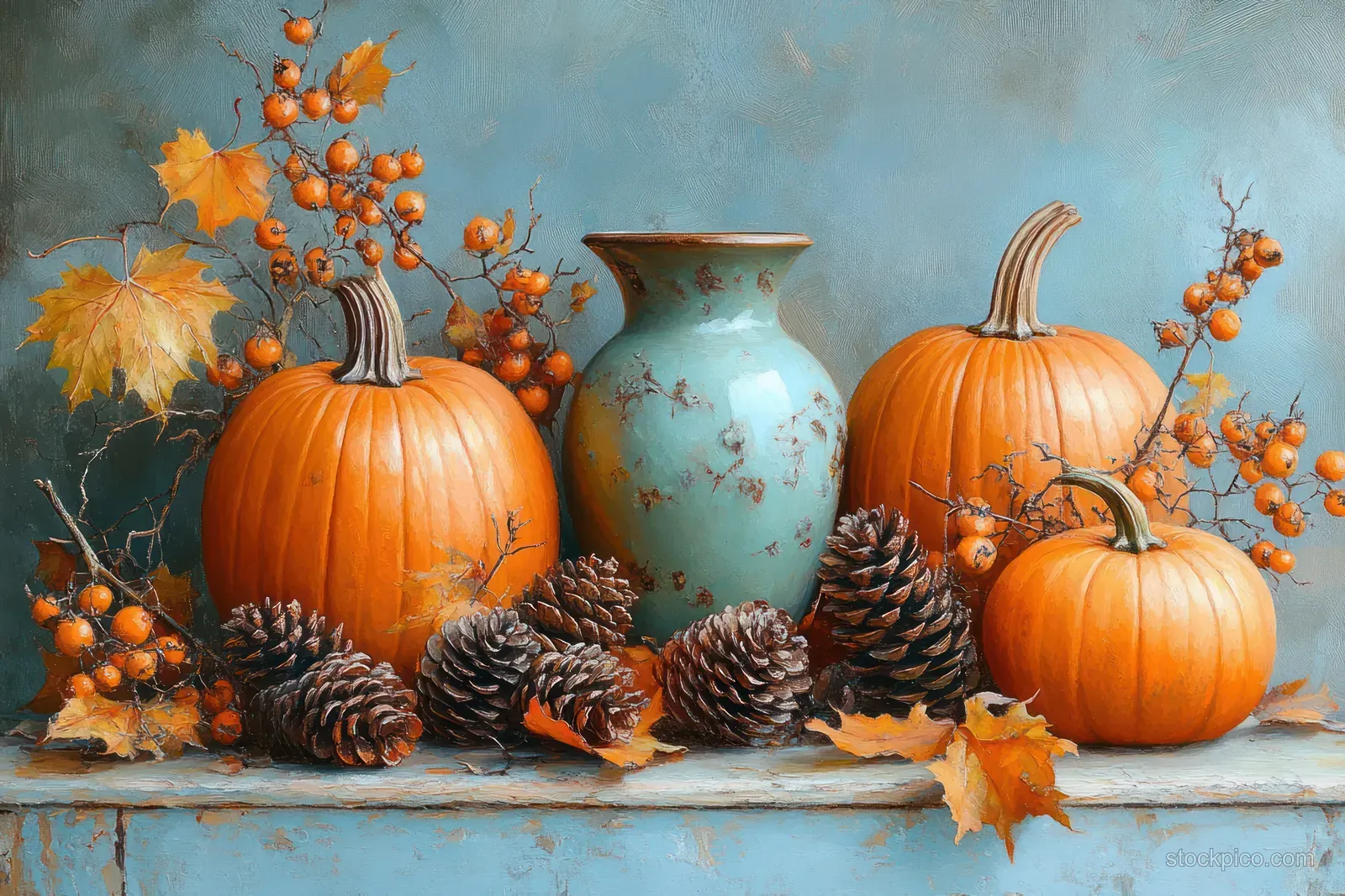 Orange pumpkins, pine cones, and fall leaves arranged beside a turquoise jar on a turquoise background.