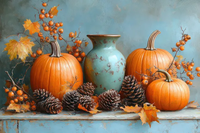 Orange pumpkins, pine cones, and fall leaves arranged beside a turquoise jar on a turquoise background.