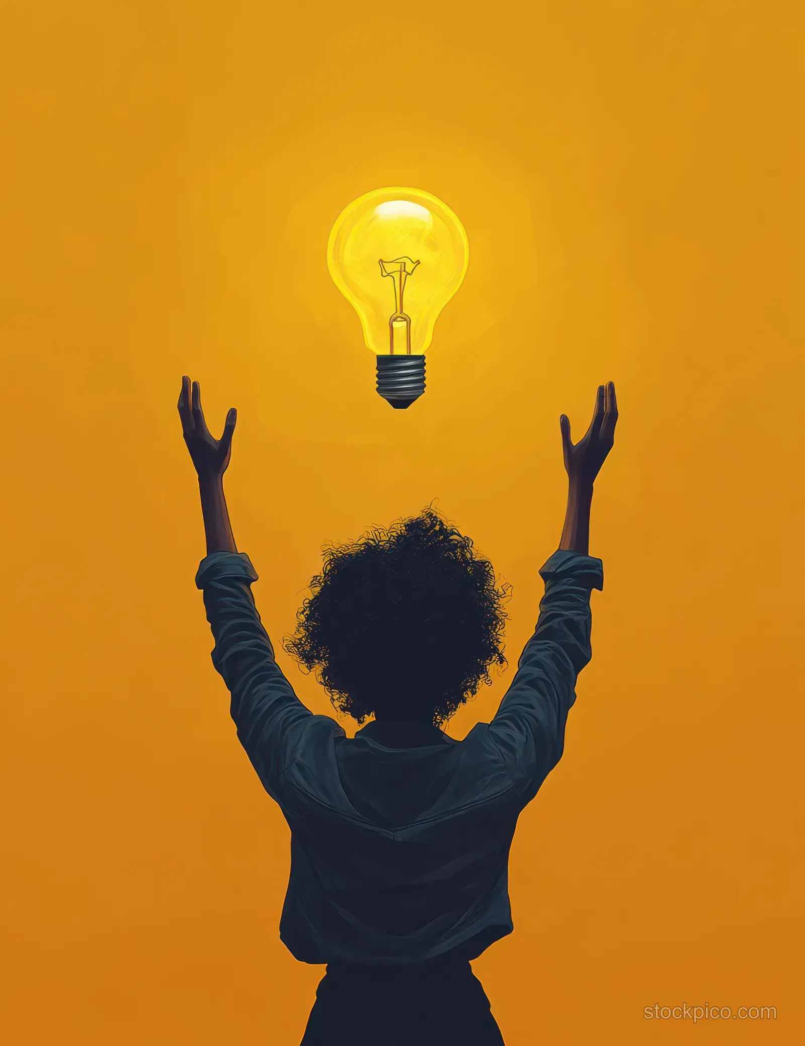 A woman with raised hands reaches toward a glowing light bulb on an orange background.