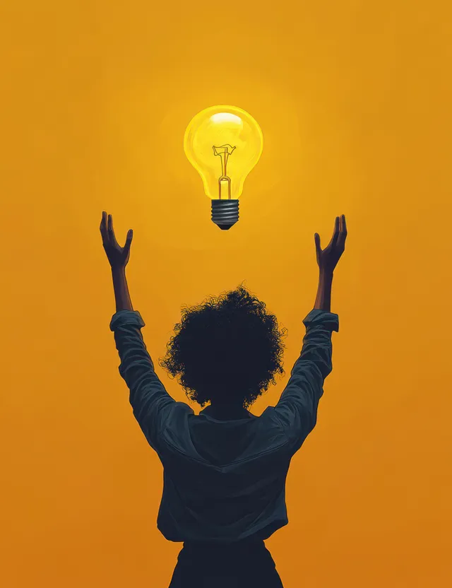 Woman Reaching Up to Glowing Light Bulb on Orange Background