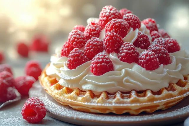 Golden waffle topped with whipped cream and raspberries on a picnic plate outdoors.