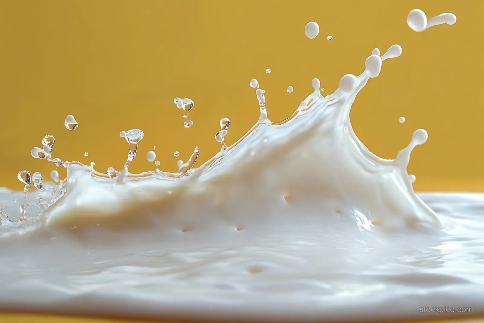 White liquid splash erupts from a surface, breaking into droplets against a soft yellow background.