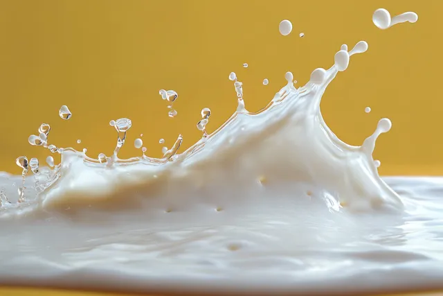 White liquid splash erupts from a surface, breaking into droplets against a soft yellow background.