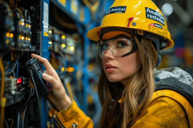 A female electrician wearing a helmet inspects an electrical panel with a multimeter while touching wiring.