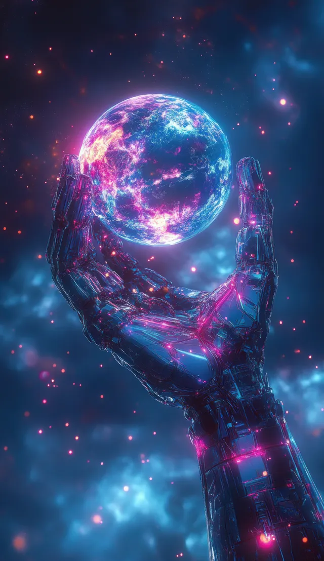 A glowing neon planet is cradled by a robotic hand against a starry cosmic background.
