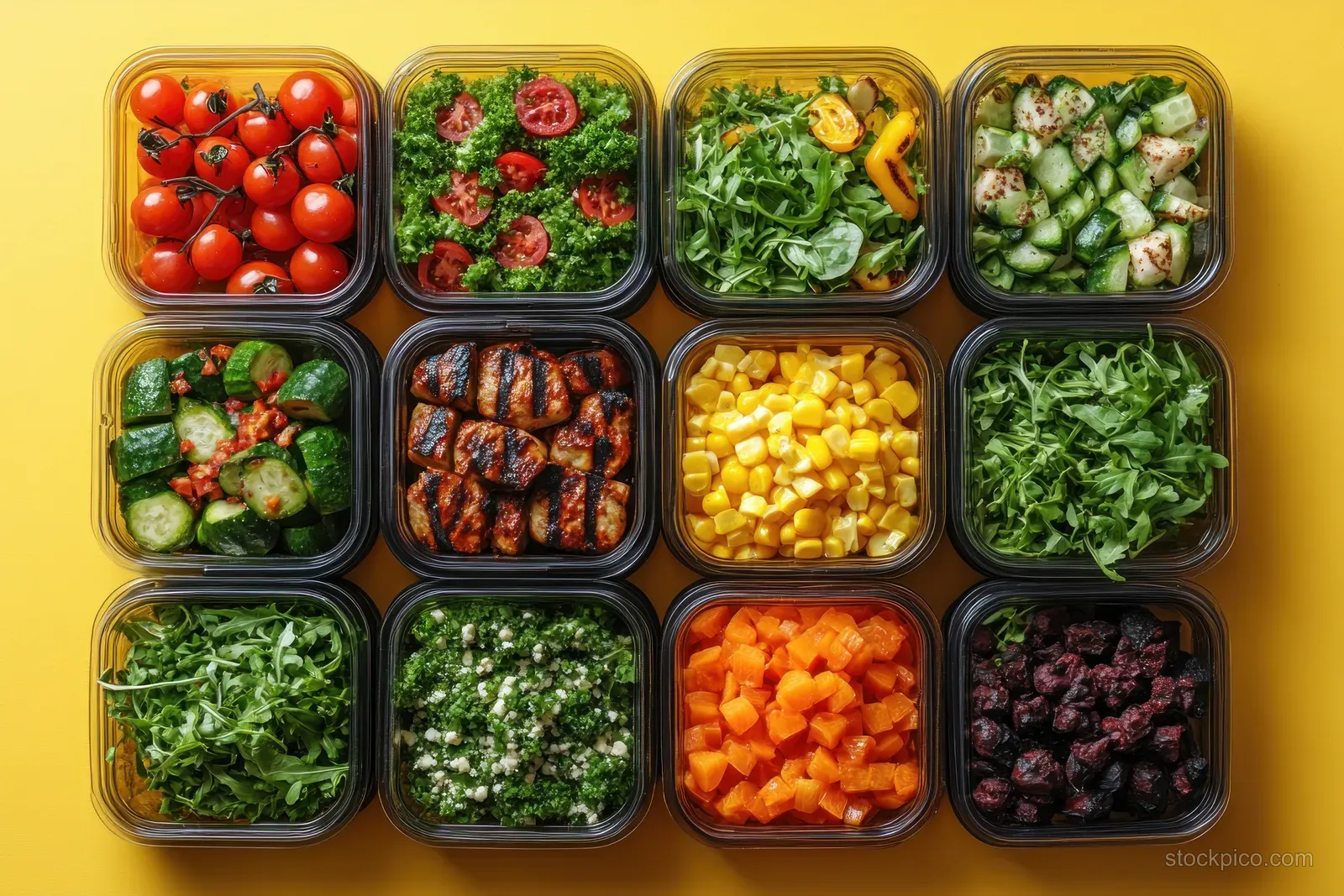 Top view of assorted meal prep containers with colorful salads, grilled vegetables, and protein portions.
