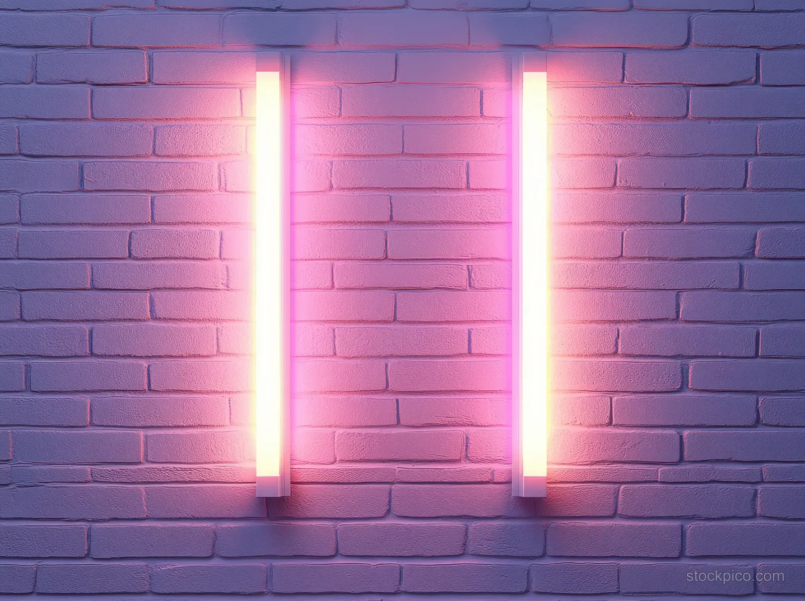 Two vertical LED tube lights glow against a textured white brick wall with soft pink-magenta light.