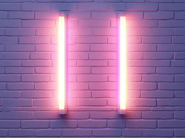 Two vertical LED tube lights glow against a textured white brick wall with soft pink-magenta light.