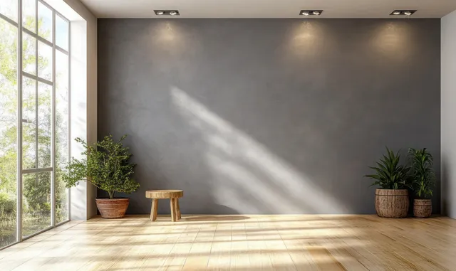 Minimalist room interior with floor-to-ceiling windows, potted plants, a small stool, and sunlit shadows on a gray wall.