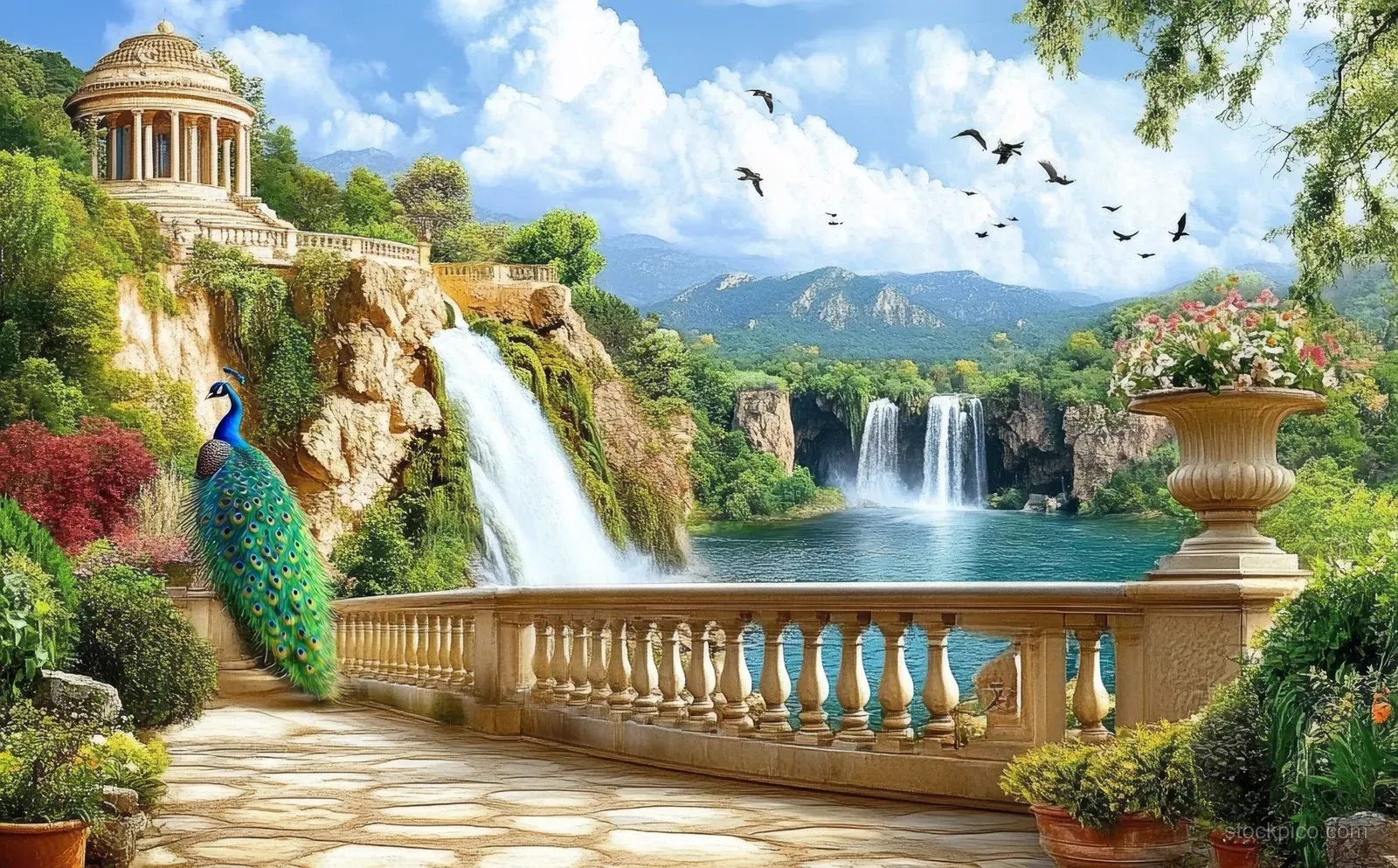 A peacock on a stone terrace watches cascading waterfalls, fountains, and distant ruins beneath blue sky.
