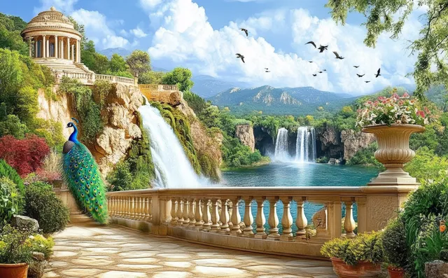 A peacock on a stone terrace watches cascading waterfalls, fountains, and distant ruins beneath blue sky.
