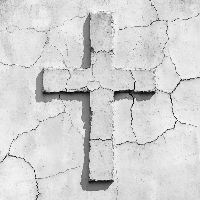 Cross carved into cracked concrete wall with deep shadows and weathered texture