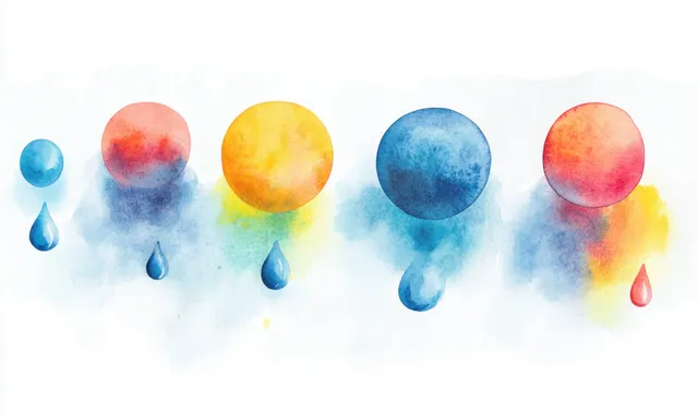 Watercolor raindrops and translucent soap-bubble circles with rainbow splashes on light background