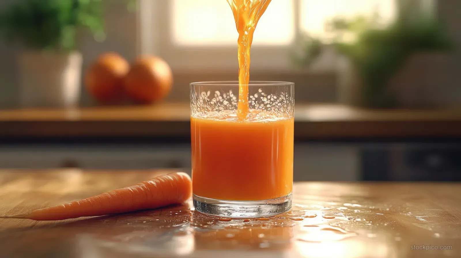 Orange carrot juice is being poured into a glass on a wooden table next to a whole carrot with blurred kitchen behind.