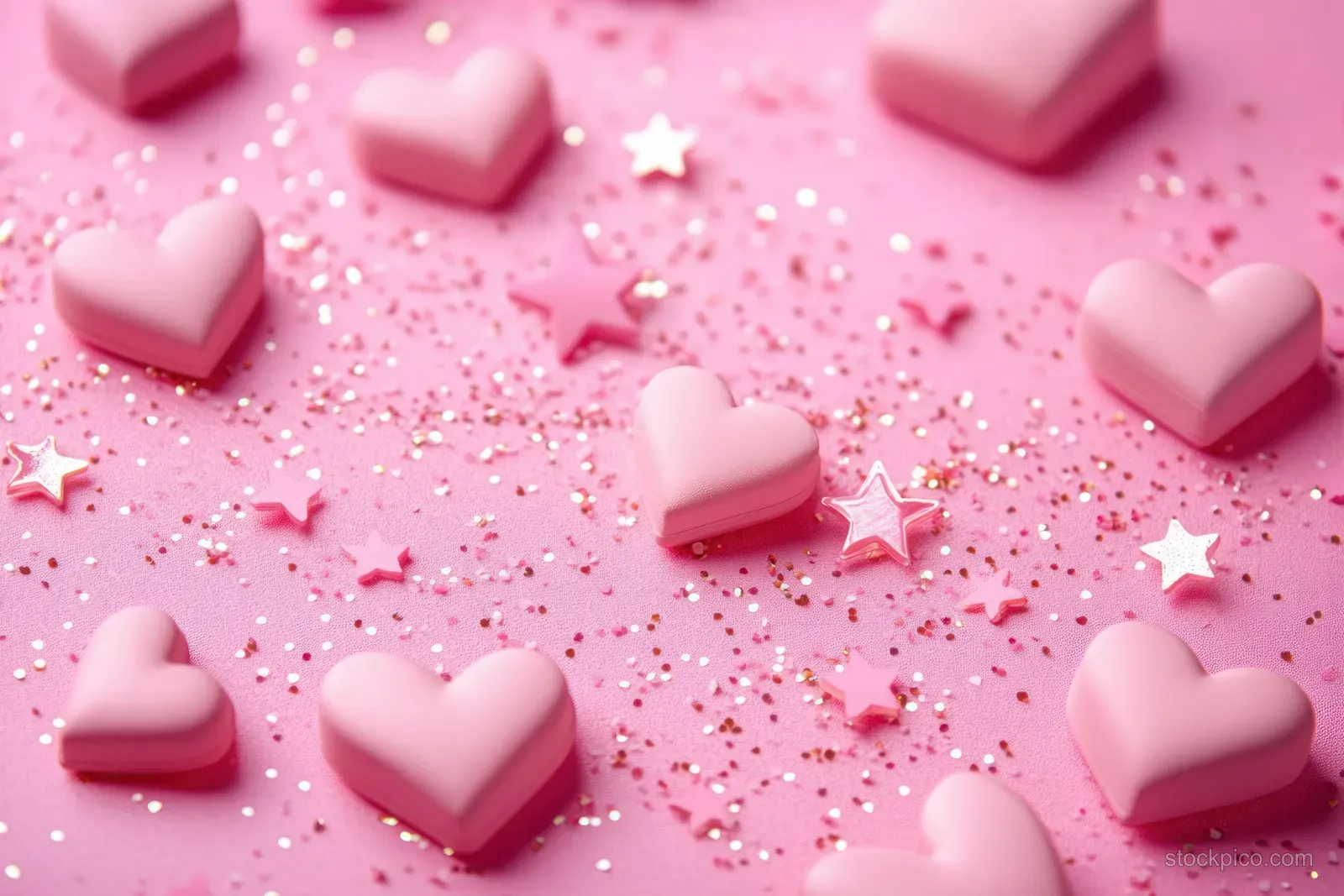 Pink heart-shaped pieces and star confetti with glitter scattered on a pastel pink background.