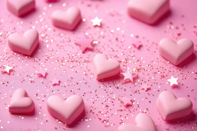 Pink heart confetti and glitter scattered on a pastel background with star-shaped sparkles